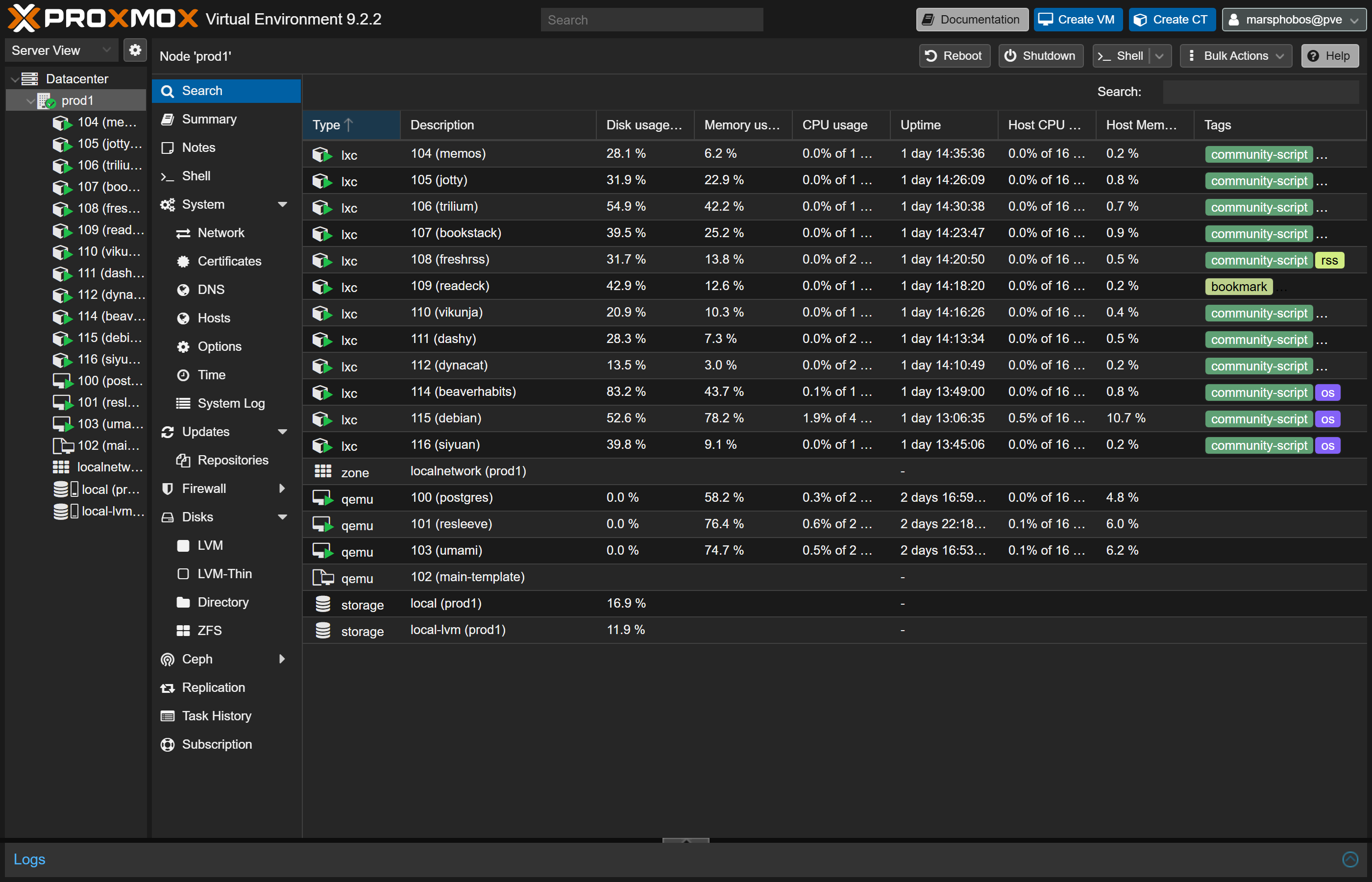 Screenshot representing a Proxmox and Docker self-hosted homelab